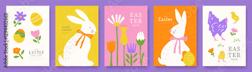 Happy Easter set of cards with cute hand drawn Easter bunnies, spring flowers , Easter eggs and chickens. Modern design with grainy texture. Collection of templates, cards, web banners or holiday
