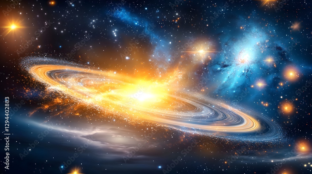 Mesmerizing deep space scene featuring a massive spiral galaxy with luminous arms radiant suns pulsating energy and cosmic dust forming captivating celestial patterns