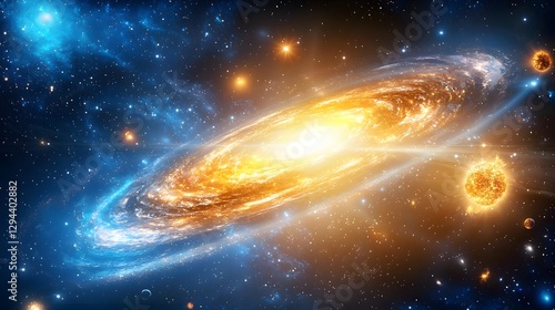 Mesmerizing deep space scene featuring a massive spiral galaxy with luminous arms radiant suns pulsating energy and cosmic dust forming captivating celestial patterns against the vast