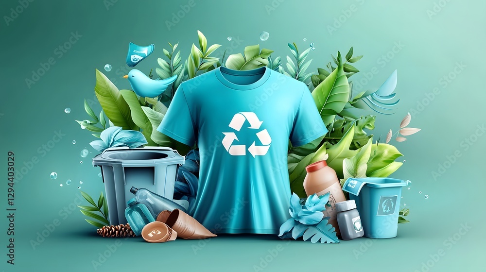 Minimalist and impactful composition featuring a teal recycling themed t shirt gently swaying against a soft earthy background