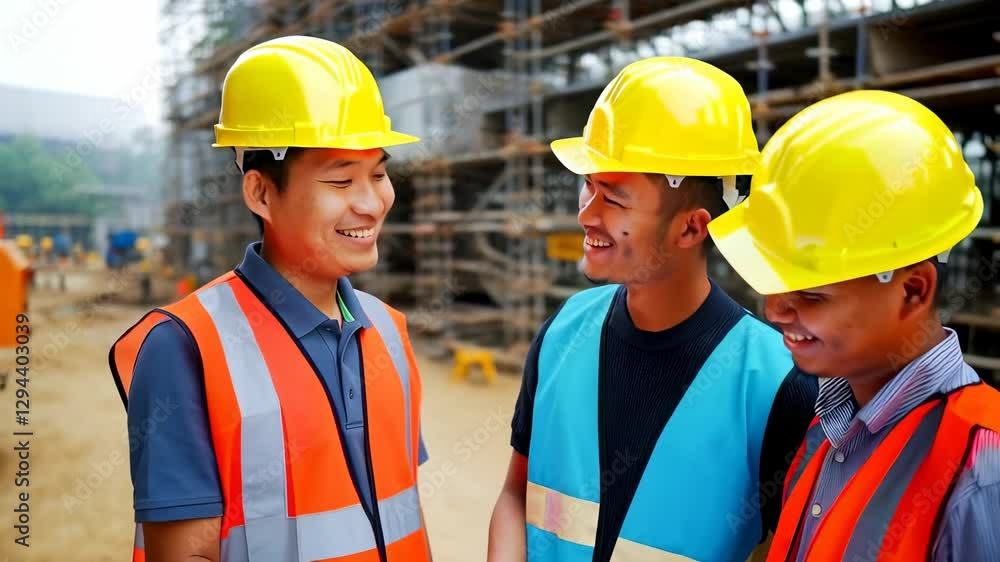 Asian construction workers discussing blueprint on site
