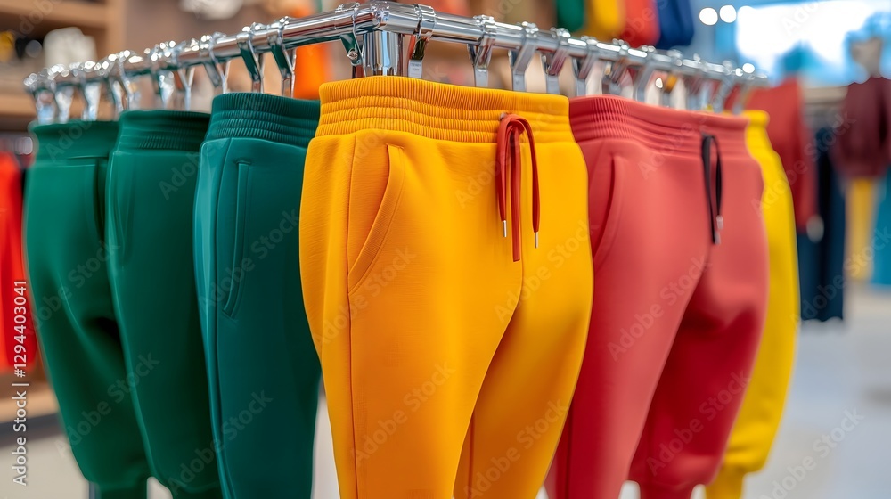 Minimalist and Neatly Arranged Sweatpants Display in a Cozy Clothing Store Setting with Soft Lighting Enhancing the Variety of Neutral and Vibrant Colors