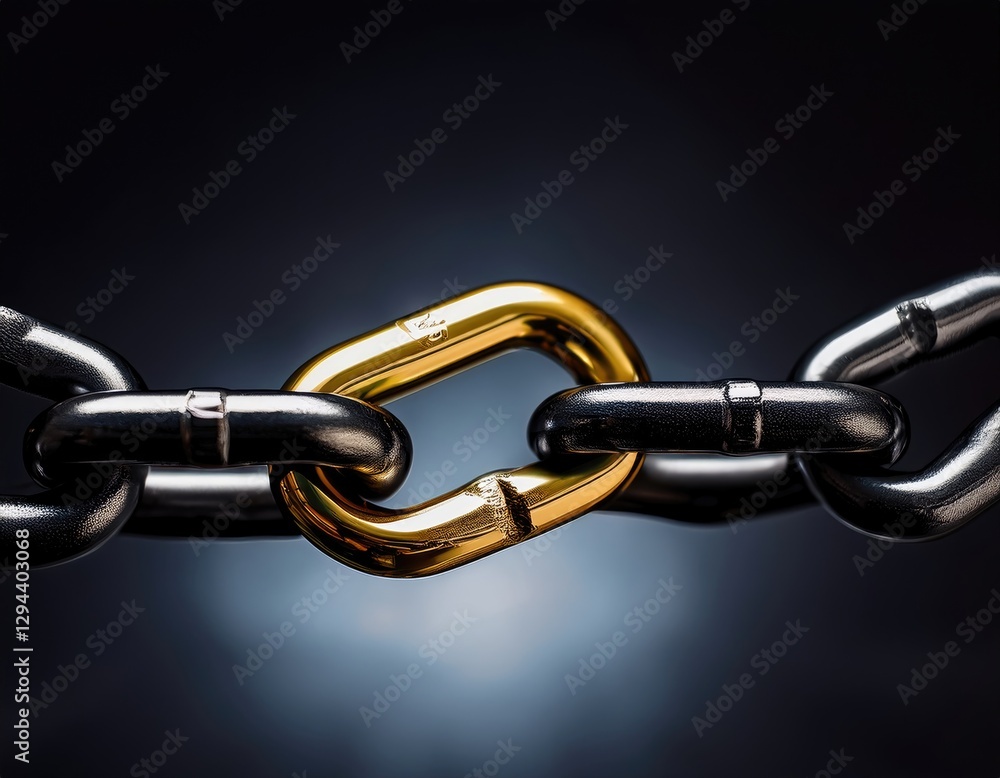 Fototapeta premium A single golden link unites two black chain segments, representing strength and essential connections. Generated with AI