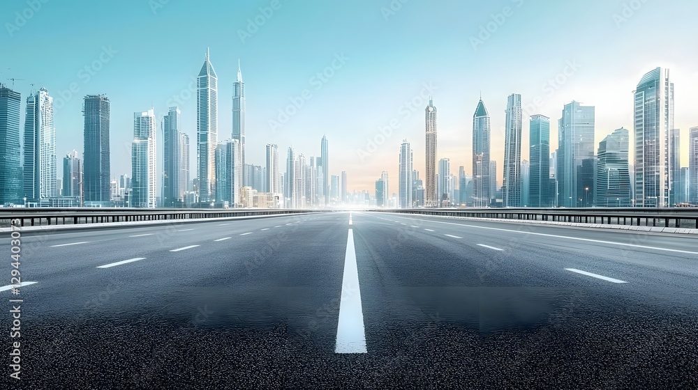 Minimalist composition of an empty highway merging into a glowing metropolitan skyline city lights shining under a twilight sky symbolizing growth and urban expansion