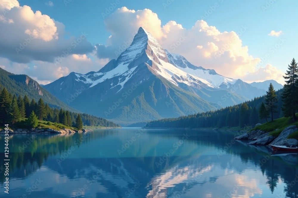 Serene mountain lake reflecting a majestic snow-capped peak under a vibrant sky Serene mountain lake reflecting a majestic snow-capped peak under a vibrant sky