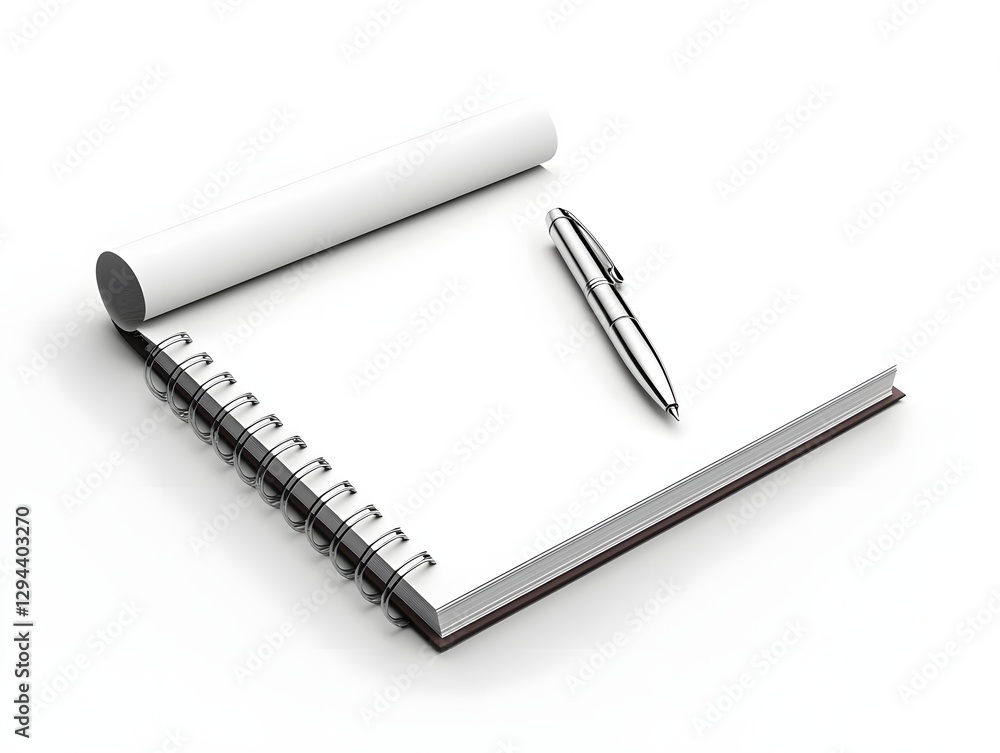 Minimalist flat lay composition of a blank notebook and a silver pen against a soft pastel background creating an elegant and aesthetically pleasing scene perfect for creative and productivity