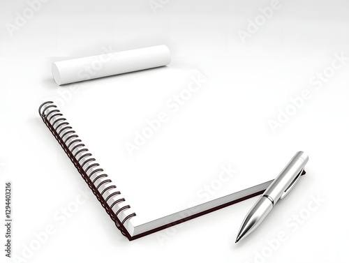 Obraz na płótnie Minimalist flat lay of a blank notebook and a silver pen set against a soft pastel background The elegant and aesthetic composition creates a perfect scene for sparking creative for working studying w salonie
