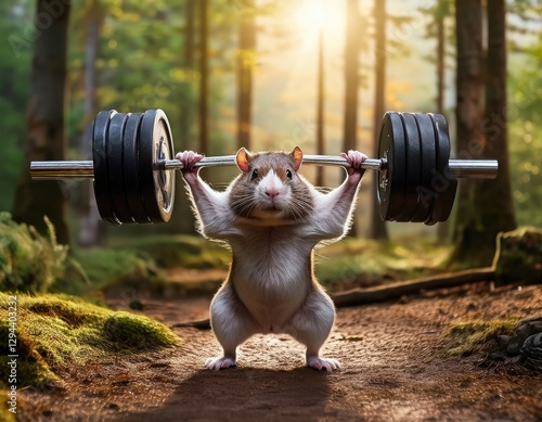 Wallpaper Mural Anthropomorphic mouse lifting a barbell in the forest. Generated with AI Torontodigital.ca