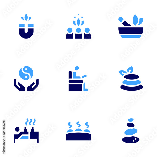 Therapy icon set. Bold style. Duotone colors. lithotherapie, acupuncture, group therapy, ayurveda, magnet, stones, psychiatrist, hot stones