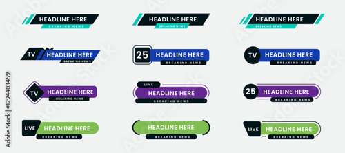 Set of breaking news lower third bar banner design. Tv header bars for news, sports, and live broadcast information. Professional video title templates for broadcast and media vector set collection