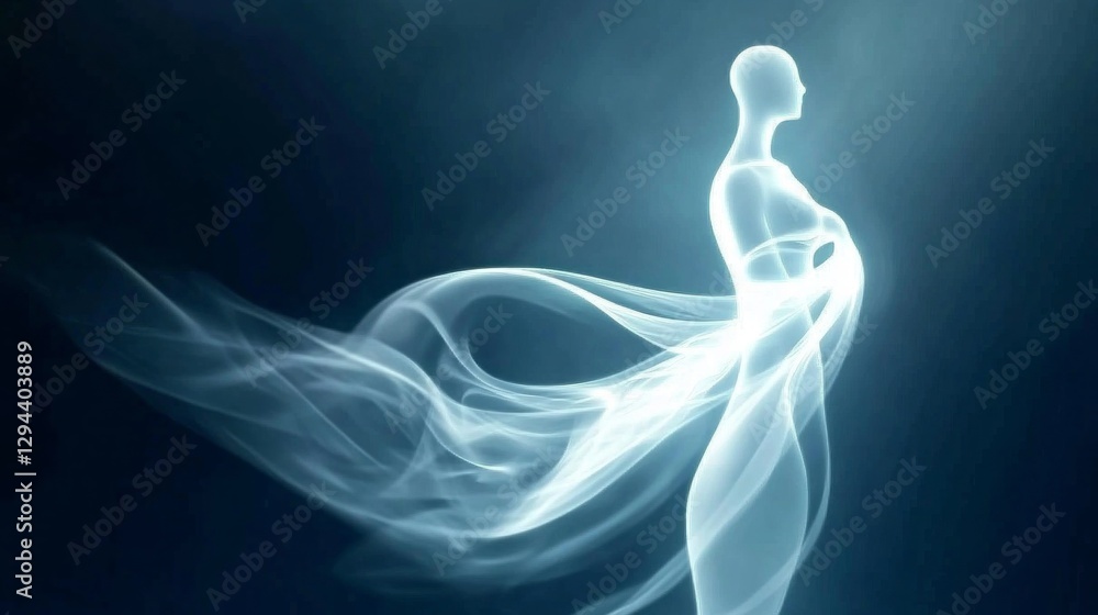Obraz premium A tranquil figure emerges gracefully from soft, flowing wisps of mist, embodying serenity and peace in a gentle, ethereal light. The atmosphere feels mystical and calming