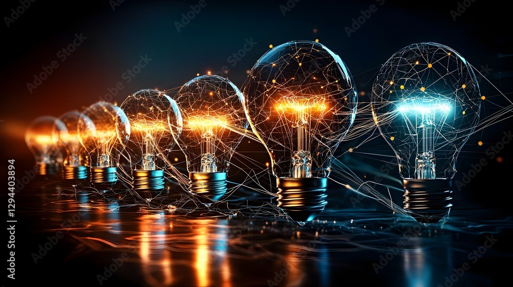 Multiple shining light bulbs connected by glowing electric currents illustrating the evolution of modern digital intelligence and technological innovation