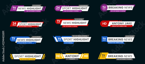 Set of breaking news lower third bar banner design. Tv header bars for news, sports, and live broadcast information. Professional video title templates for broadcast and media vector set collection