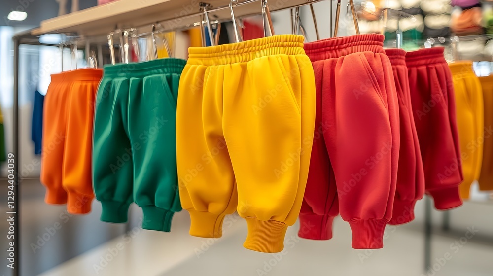 Organized collection of colorful vivid hued sweatpants suspended on a clean industrial style rack in a modern retail or fashion showcase ambiance