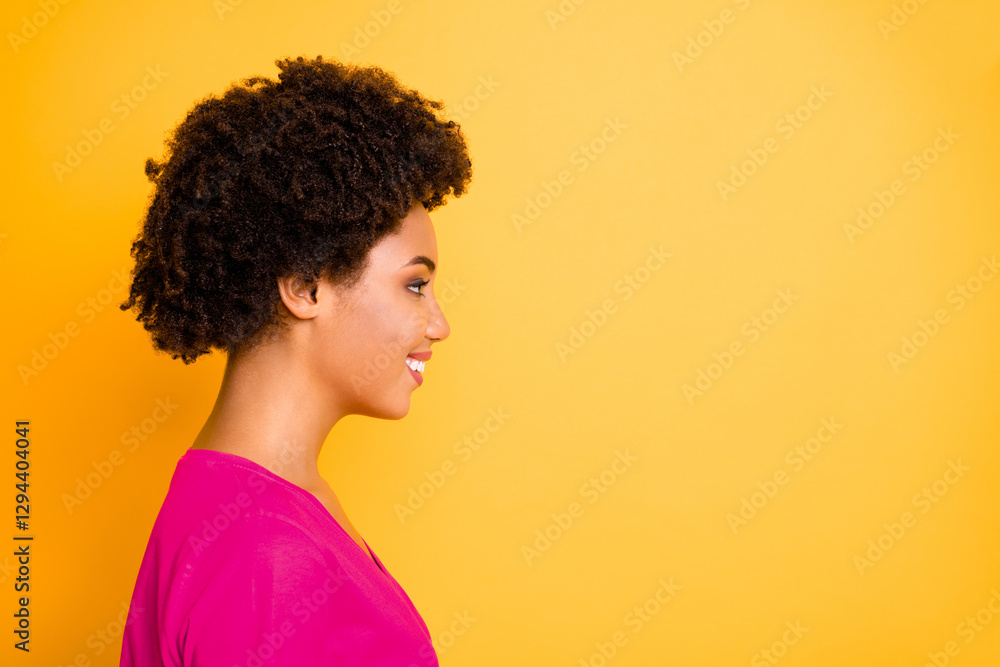 Copyspace side profile photo of cheerful charming cute girlfriend showing you her hair cut contemplating something away isolated over yellow vivid color background Copyspace side profile photo of cheerful charming cute girlfriend showing you her hair cut contemplating something away isolated over yellow vivid color background