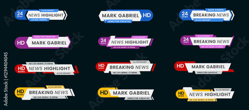 Breaking news lower third banner set. TV header bars for news, sports, and live broadcast vector set collection. Essential video titles in blue, purple, red, and yellow. Isolated lower third template