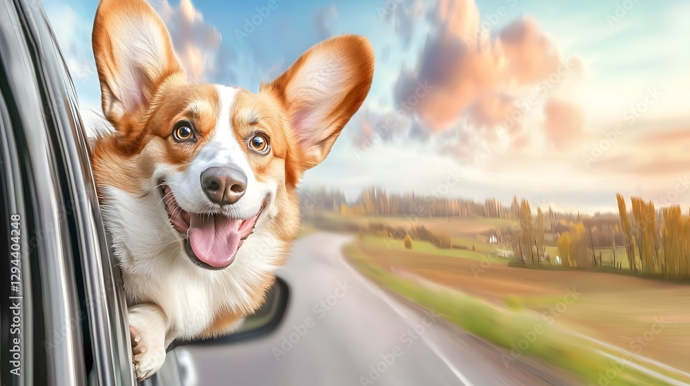 Playful and energetic Corgi with bright eyes and a big smile leaning out of a moving car and reveling in the scenic rural landscape stretching in the distance