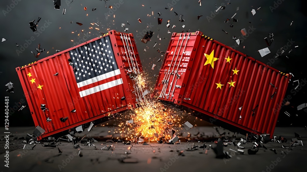 Powerful geopolitical depicting a dramatic collision and explosion between two massive freight containers representing the clash of global trade economic rivalry