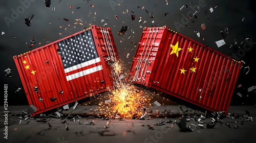 Obraz na płótnie Powerful geopolitical depicting a dramatic collision and explosion between two massive freight containers representing the clash of global trade economic rivalry w salonie