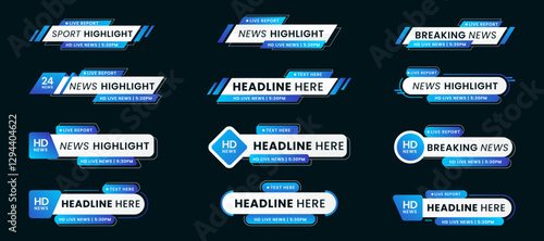 Breaking news lower third banner set. TV header bars for news, sports, and live broadcast vector set collection. Essential video titles in blue and white modern gradient. Isolated lower third template