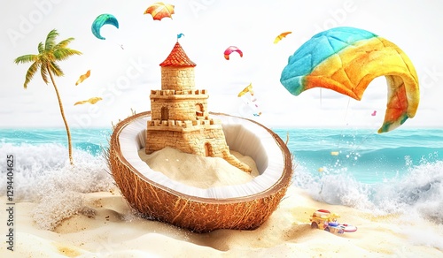 Coconut shell castle on a sunny beach with colorful kites soaring in the sky