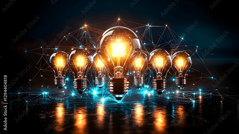 Pulsing neon circuits forming a complex digital web representing the interconnected nature of creativity and innovation Bright light bulbs illuminating a futuristic high tech background