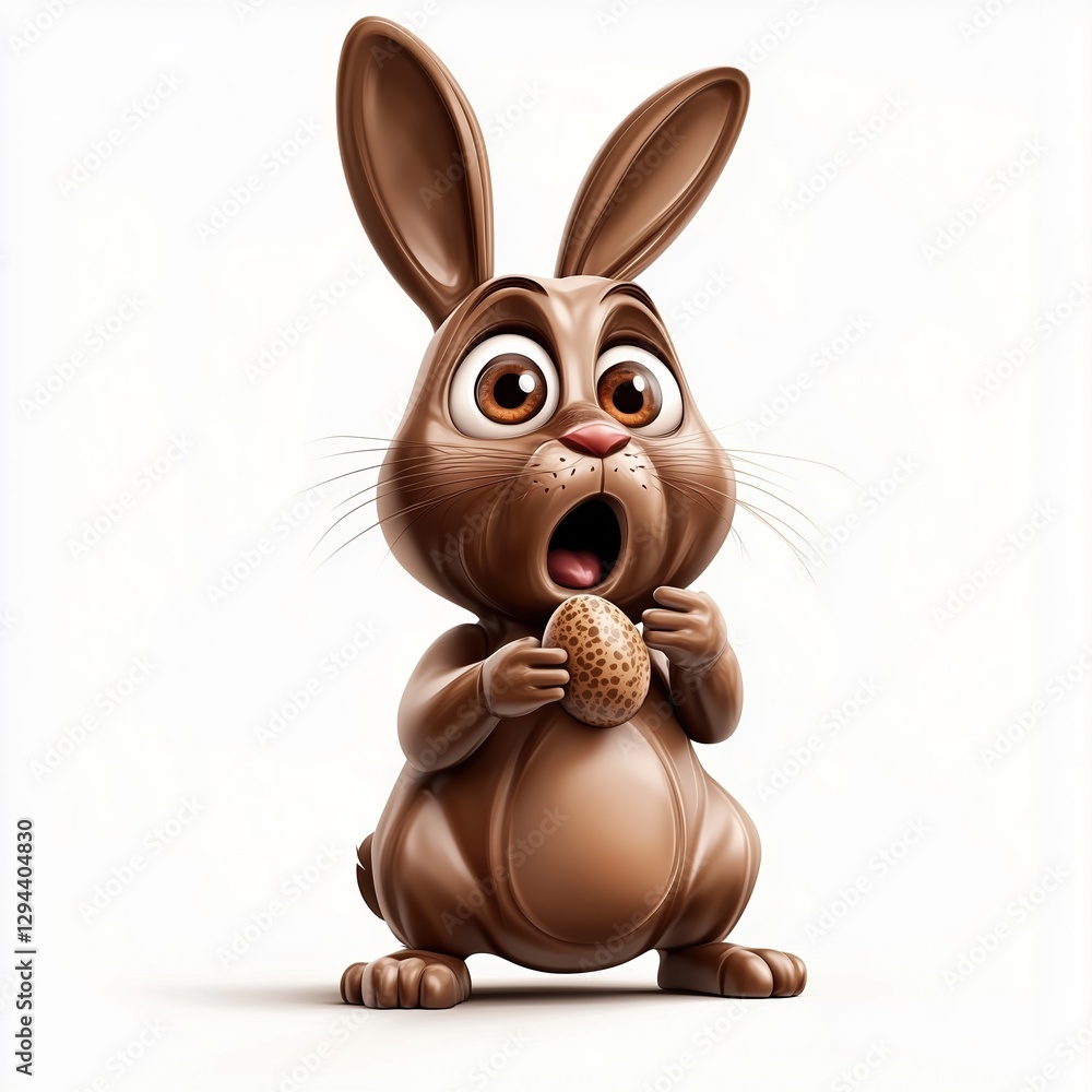 Obraz premium A cute cartoon rabbit holding an egg, looking surprised, with big eyes and a soft, chocolate-colored body.