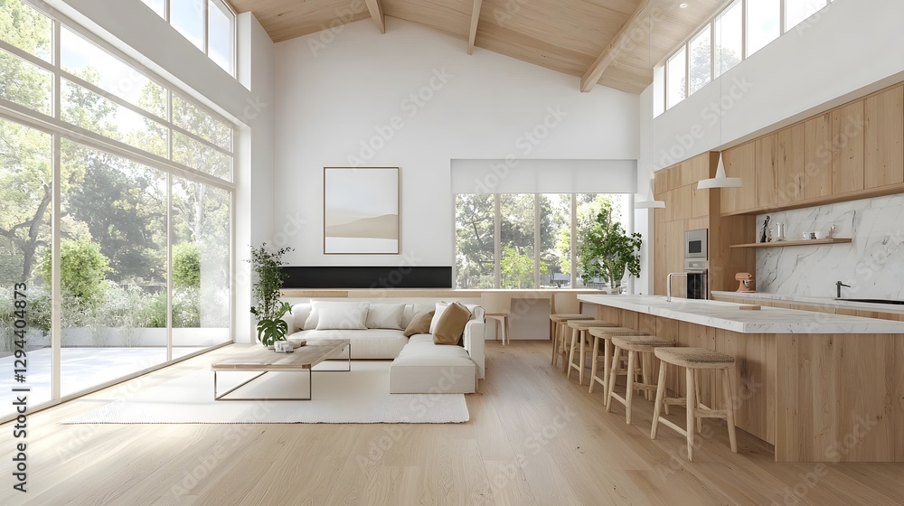 Refined Open Plan Home with Luxurious Kitchen and Dining Space Featuring Light Toned Wooden Elements Marble Countertops and Subtle Decorative Accents for a Timeless Aesthetic