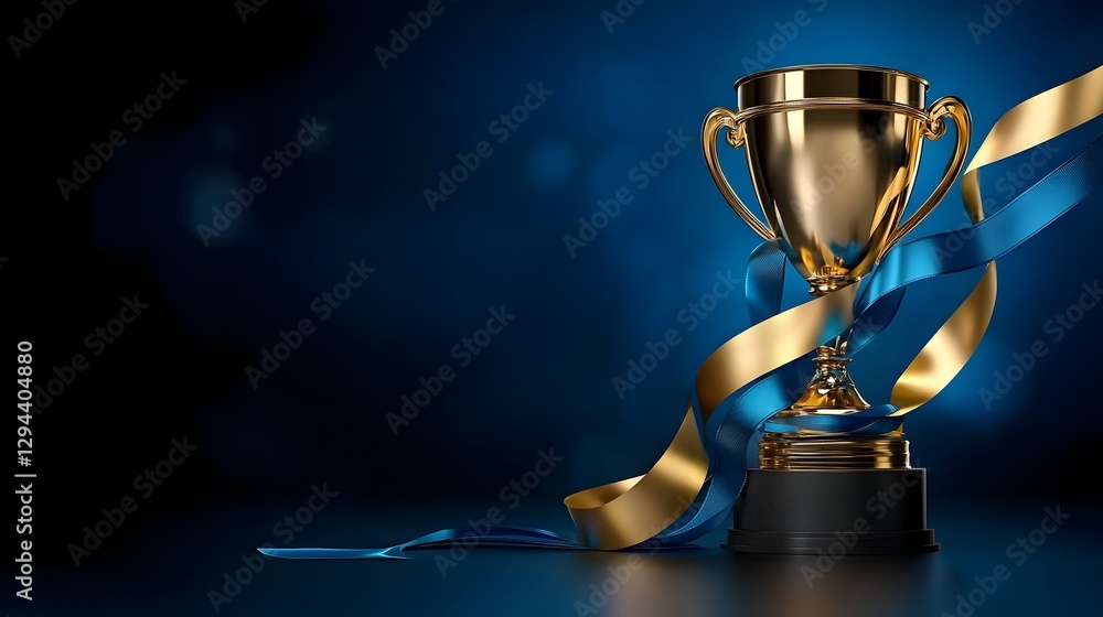Rendering of a shiny golden trophy with dynamic flowing ribbons set against a professional dark backdrop symbolizing the concept of business competition achievement and victory