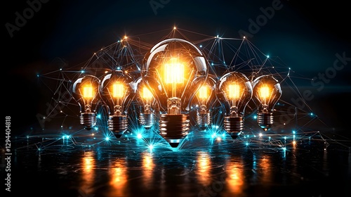 Obraz na płótnie Pulsing neon circuits forming a complex digital web representing the interconnected nature of creativity and innovation Bright light bulbs illuminating a futuristic high tech background w salonie