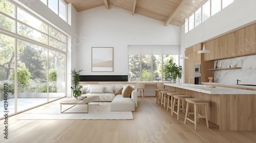 Obraz na płótnie Refined Open Plan Home with Luxurious Kitchen and Dining Space Featuring Light Toned Wooden Elements Marble Countertops and Subtle Decorative Accents for a Timeless Aesthetic w salonie
