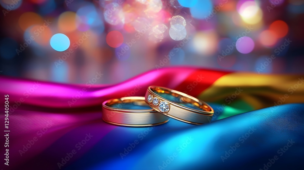 Romantic scene with two golden rings delicately positioned on the folds of a pride flag rich colors and gentle lighting symbolizing eternal love and for all