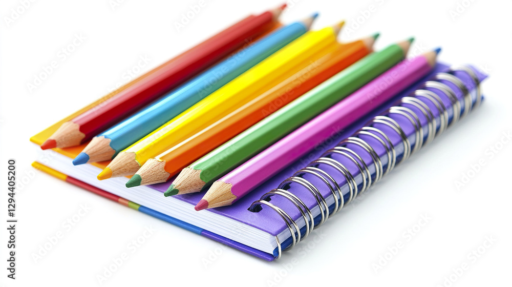Fototapeta premium Colorful pencils on spiral notebook create vibrant scene