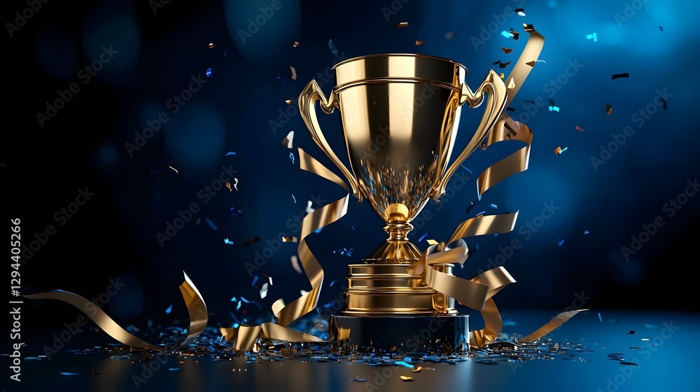 Shimmering golden trophy with bursting confetti celebrating a victorious achievement in a corporate business success theme The trophy stands as a symbol of leadership honor