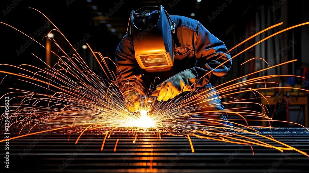 Skilled welder intensely focused sparks flying in bright golden streaks during precision metal fabrication in an industrial shipyard setting
