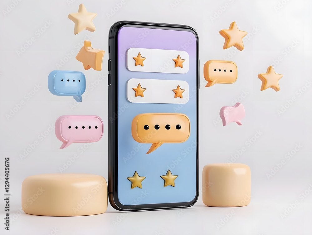 smartphone with a vibrant display highlighting prominent five star customer ratings and reviews set against a simple and elegant white background composition