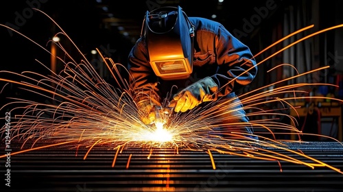 Obraz na płótnie Skilled welder intensely focused sparks flying in bright golden streaks during precision metal fabrication in an industrial shipyard setting w salonie