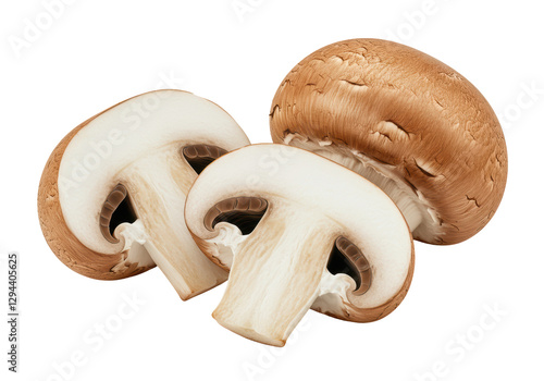 Isolated Two Brown Mushrooms with One Sliced, Close-Up