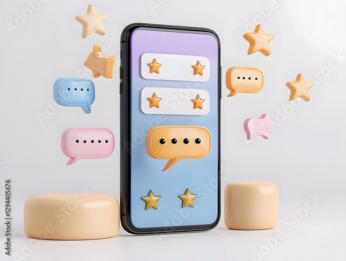 Obraz na płótnie smartphone with a vibrant display highlighting prominent five star customer ratings and reviews set against a simple and elegant white background composition w salonie