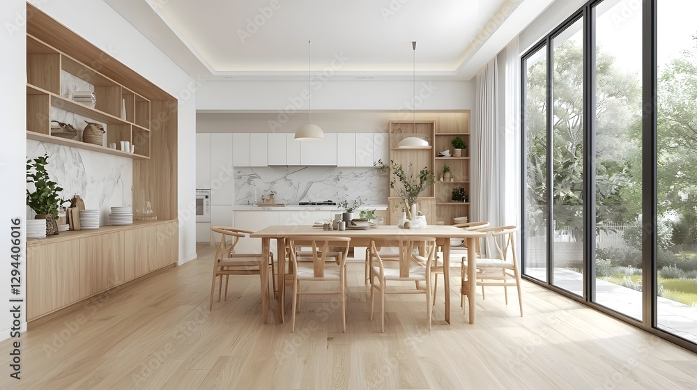 Spacious and Inviting Open Plan Dining and Kitchen Area with White Walls Parquet Floors Sleek Wooden and Marble Furniture and Soft Natural Lighting Creating a Warm and Elegant Ambiance