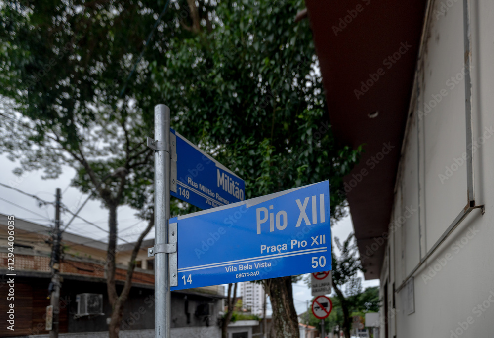 Obraz premium Sign with street name in the city of Suzano - Albano Costa Street and Armando de Salles Oliveira Avenue