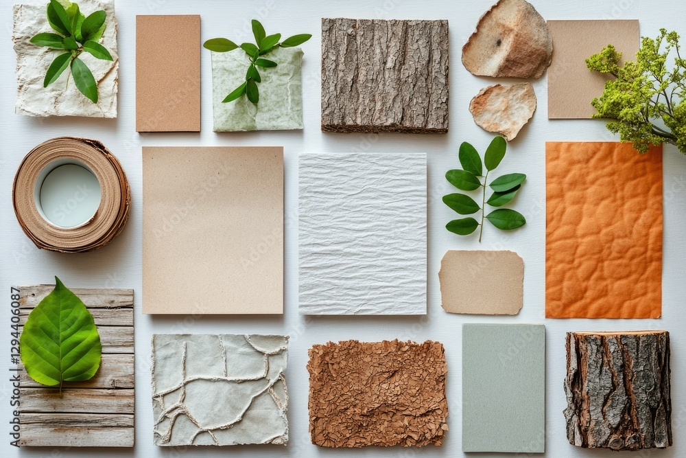 Flatlay showcasing various natural textures and materials, including wood, leaves, and handmade paper. Flatlay showcasing various natural textures and materials, including wood, leaves, and handmade paper.