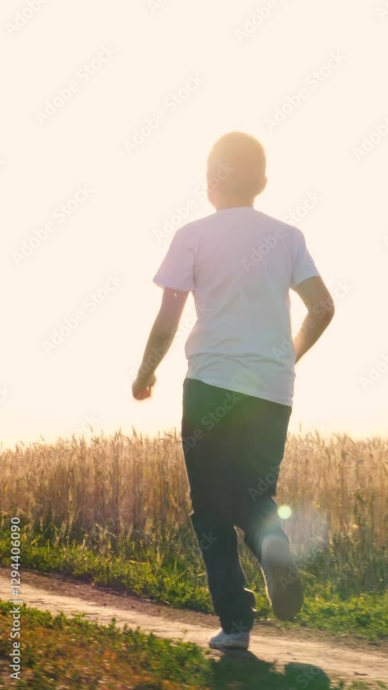 Cheerful teen boy running on dirt road at sunny sunset sunrise wheat field enjoy freedom happy childhood. Male kid teenager speed movement outdoor leisure activity at summer autumn rye meadow Cheerful teen boy running on dirt road at sunny sunset sunrise wheat field enjoy freedom happy childhood. Male kid teenager speed movement outdoor leisure activity at summer autumn rye meadow