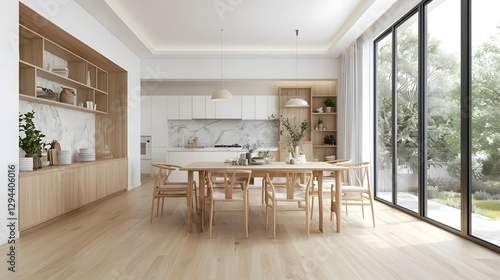 Obraz na płótnie Spacious and Inviting Open Plan Dining and Kitchen Area with White Walls Parquet Floors Sleek Wooden and Marble Furniture and Soft Natural Lighting Creating a Warm and Elegant Ambiance w salonie