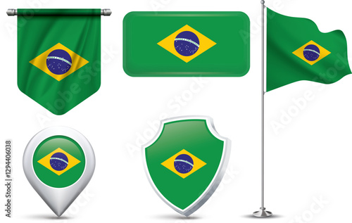 Free Download A set of 5 different designs of the Brazil flag in various shapes - GFXLoad
