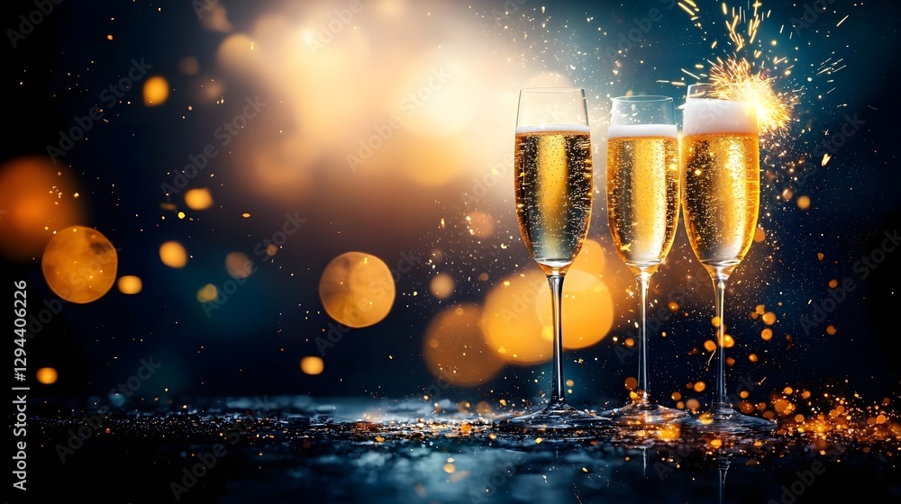 Sparkling champagne flutes in a refined sophisticated and glamorous scene with a dreamy golden bokeh overlay creating a refined and elegant mood perfect for holiday new year