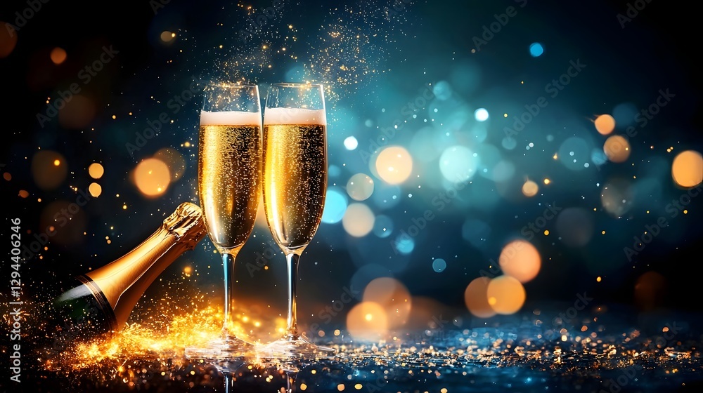 Sophisticated and celebratory composition featuring sparkling champagne flutes against a dreamy golden bokeh backdrop creating a refined glamorous mood perfect for festive occasions and holiday