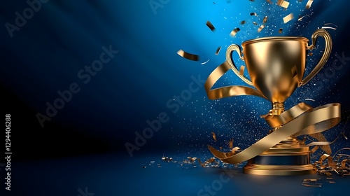 Obraz na płótnie Stunning 3D showcasing a golden trophy with dynamic vibrant ribbons against a backdrop This image represents the concept of business competition achievement w salonie