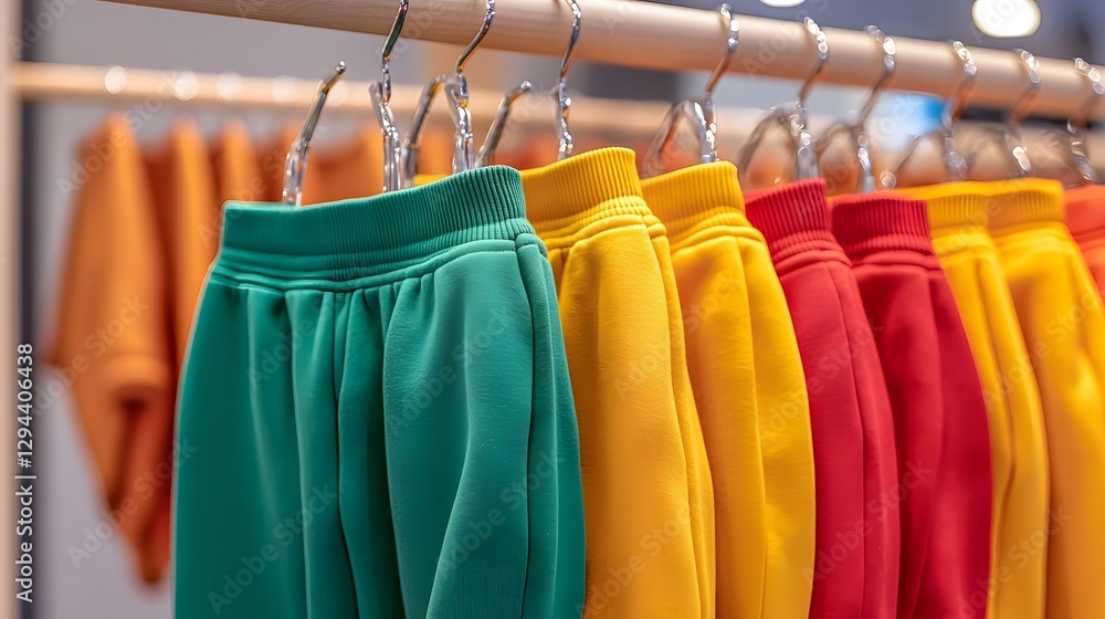 Stylish and Colorful Sweatpants Hanging Neatly on a Modern Clothing Rack Against a Minimalist White Background Showcasing Vibrant Hues Soft Textures and Perfect Folds