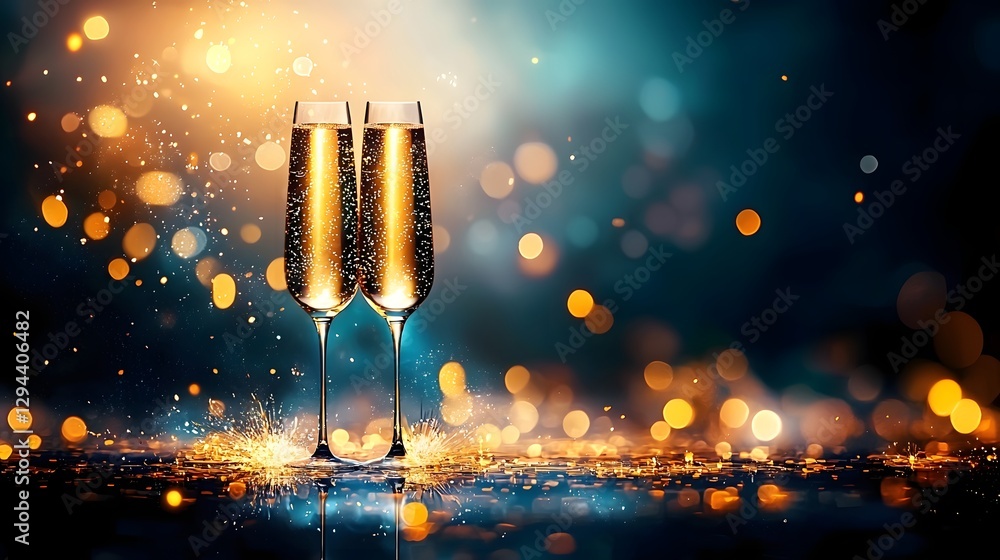 Stylish party atmosphere with two champagne glasses elegantly standing against a blurred glowing backdrop The double exposure effect merges golden sparkles with delicate reflections